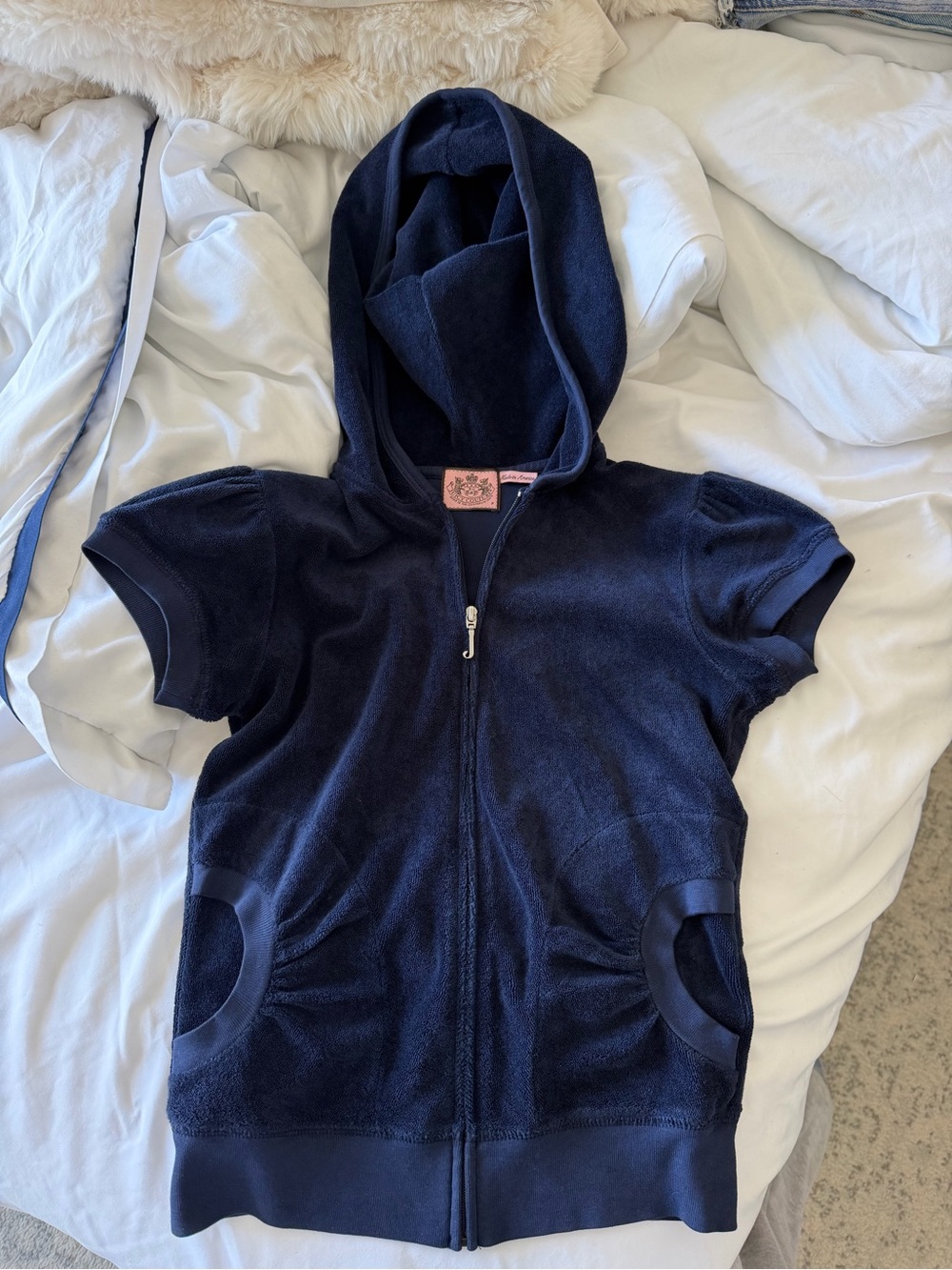 Juicy Couture Navy Blue Velour Short Sleeve Zip-Up Hoodie